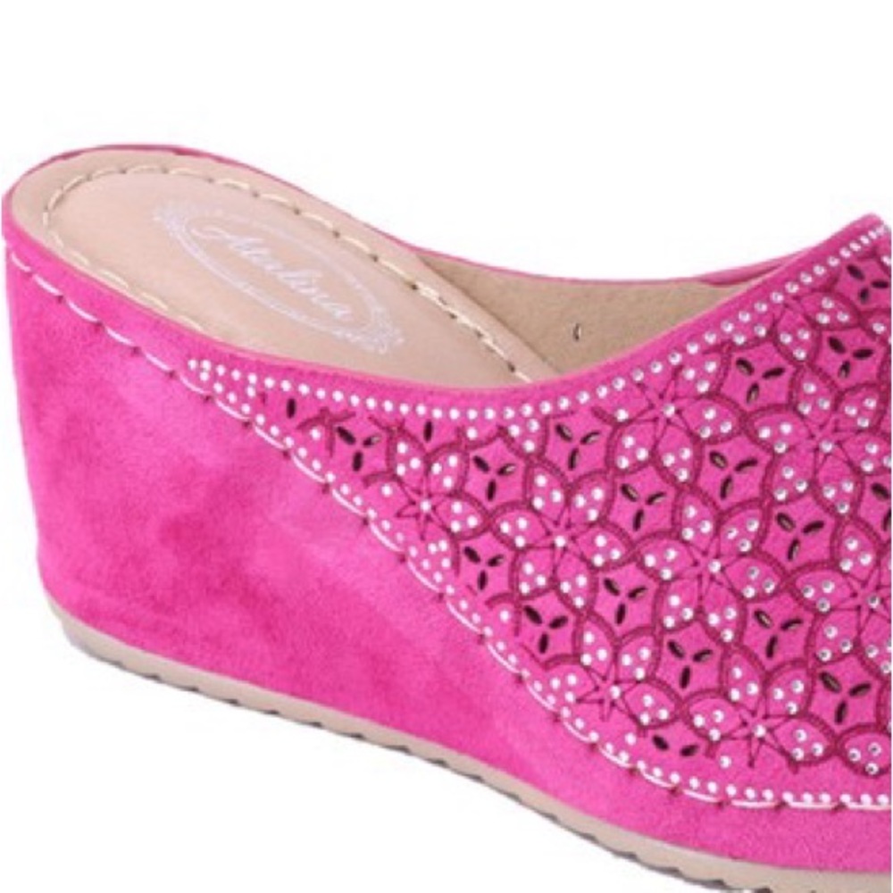 Italina Bright Fuchsia BarbieCore Slide In Wedge Heeled Comfort Mule - Picture 3 of 7